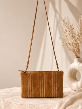 VTG Clemente Genuine Snakeskin Leather Crossbody Clutch Tan Camel Shoulder Bag